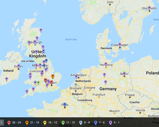 Map of Cavendish library locations (showing Europe).
